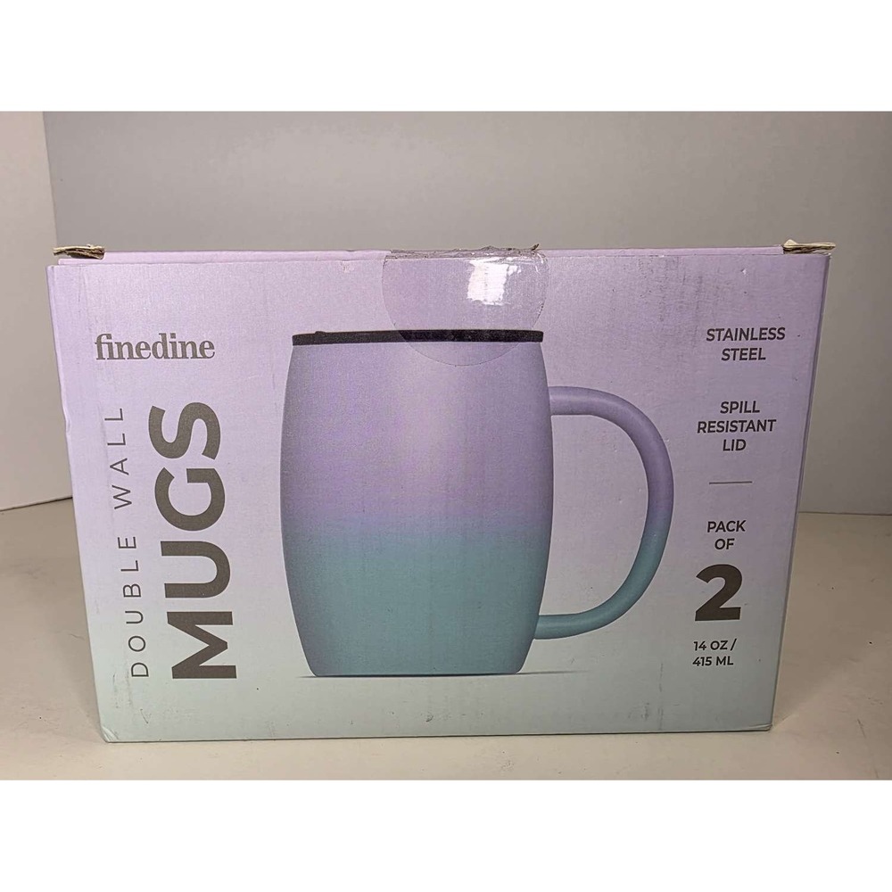 Finedine 14oz Double Wall Stainless Steel Mugs 2 Pack Spill Lid Ombre